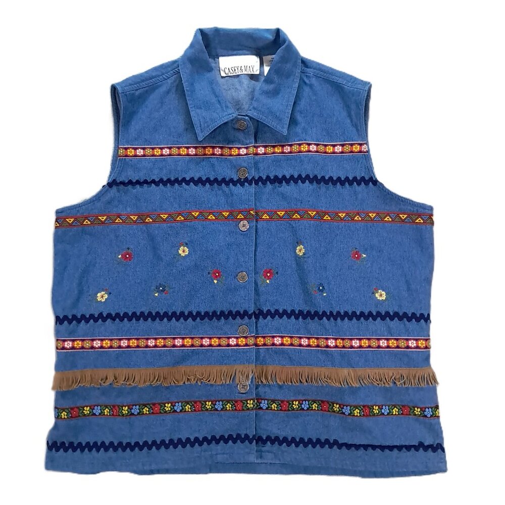 Casey & Max Embroidered Vest Women Large Blue Floral Aztec Fringe Lightweight